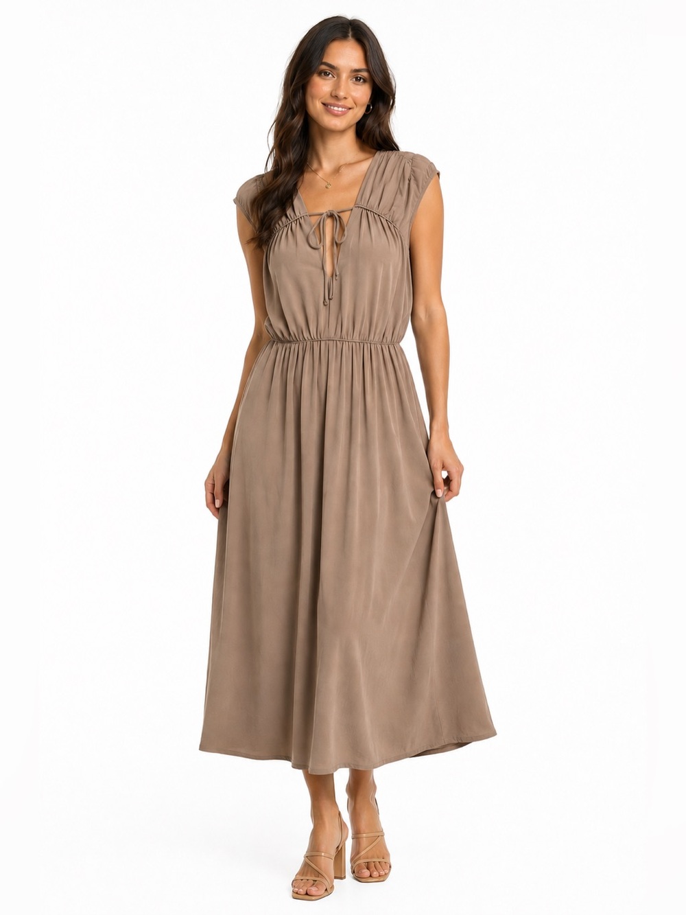 H&M Taupe Ruched Tie Front Midi Dress Size Large Puff Sleeve Flowy Quiet Luxury